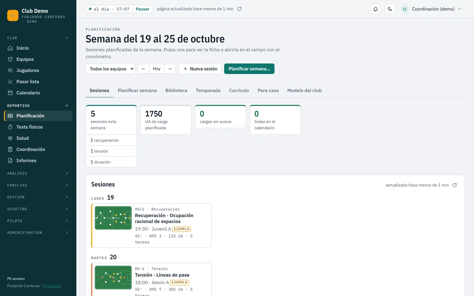 Planificación: las sesiones de la semana con sus tareas